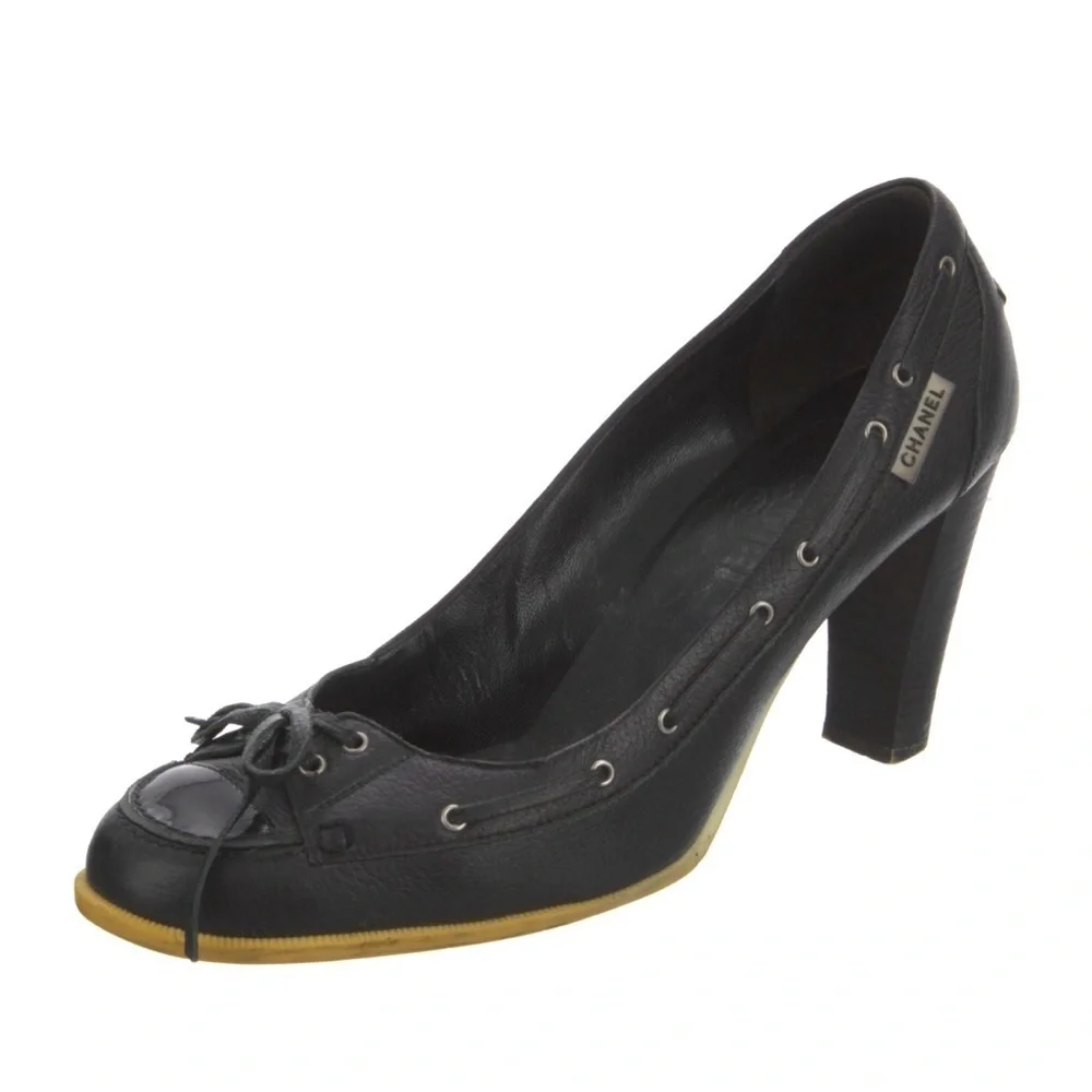 Chanel Black Leather Pumps Shoe Lace Up Sneaker Moccasin Block Heel 39 9 Vintage